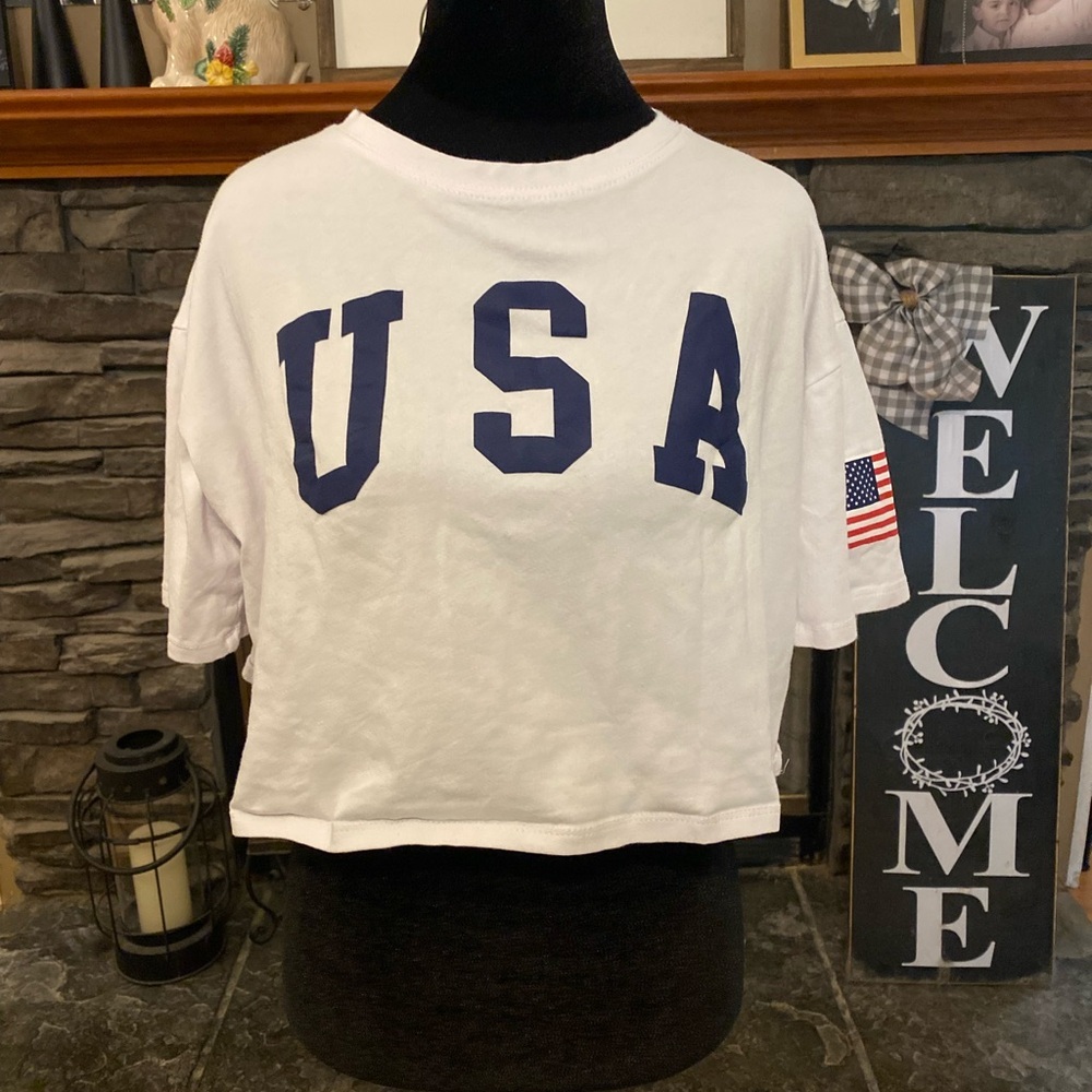 White USA Cropped Tee with Flag Sleeve
